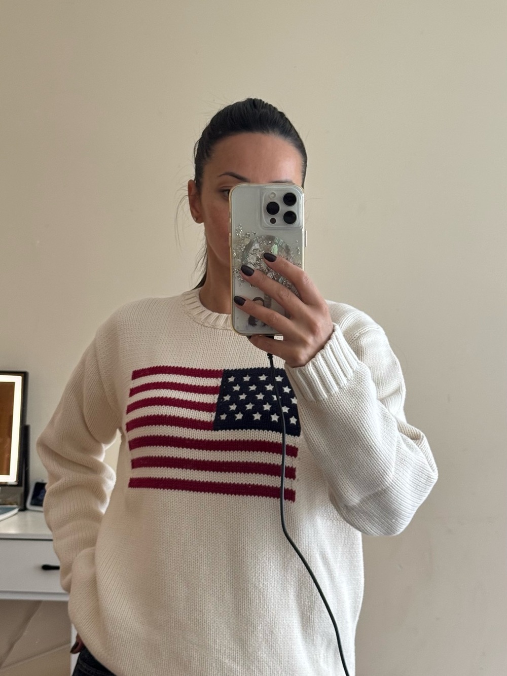 Brandy Melville White Crewneck Sweater with Flag Knit